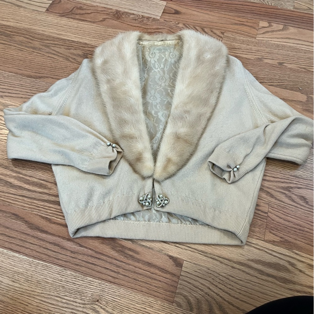 Vintage 1950’s Bernard  Altmann cashmere cardigan, mink fur collar & rhinestones
